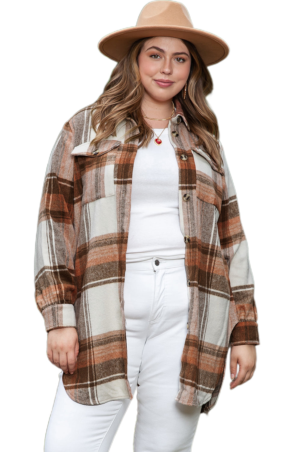 Brown Plus Size Plaid Flap Pockets Shacket