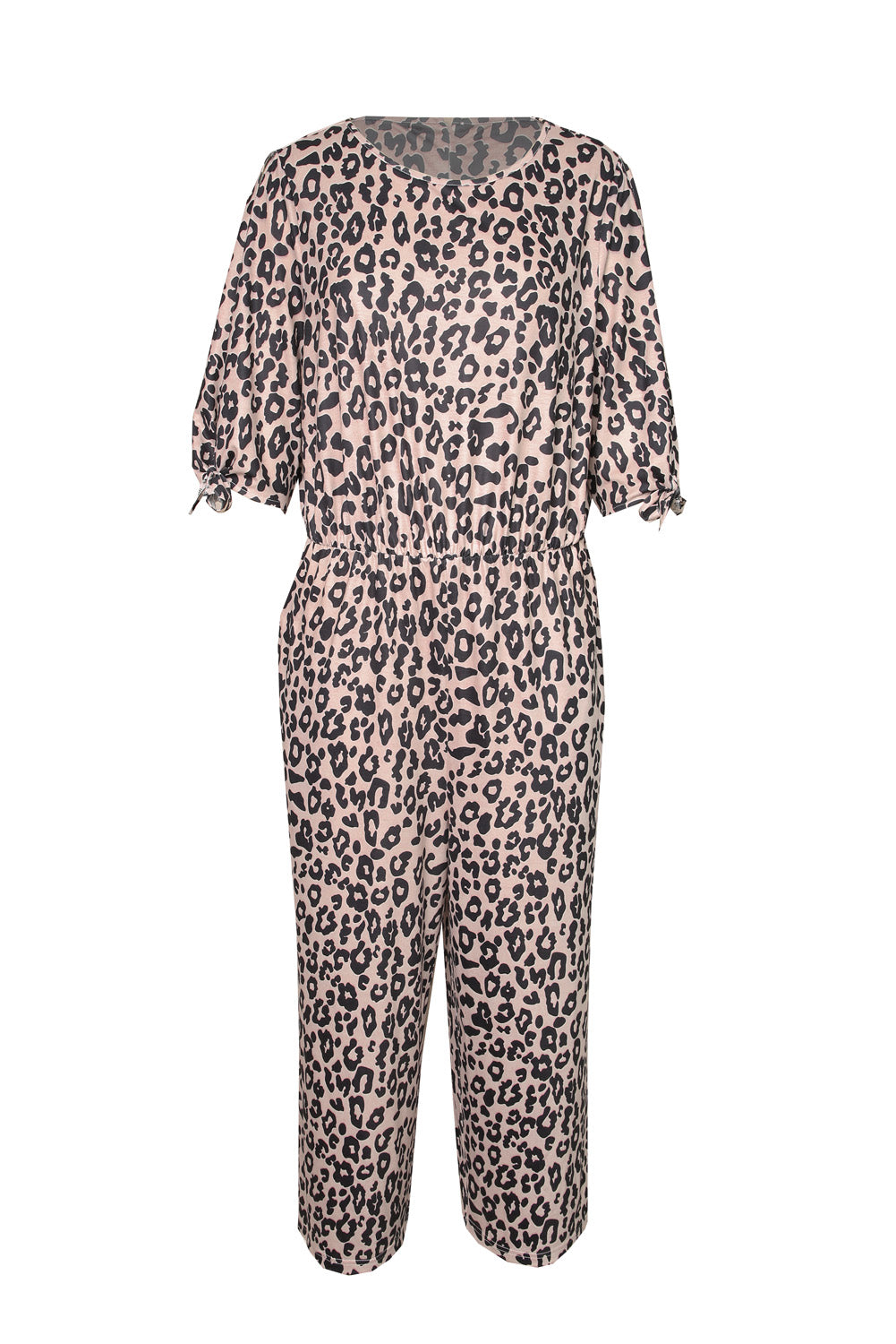 Leopard Print Cut-out Half Sleeve Plus Size Jumpsuit