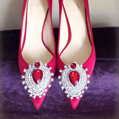 Rhinestone Pointed Toe High Heels Wedding Red Silk And Satin Shallow Mouth Women's Shoes