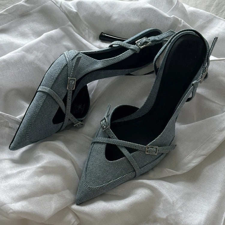 Pointed Stiletto Heel Denim High Heels Summer Niche Temperament Buckle