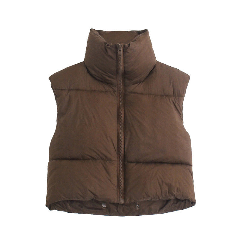 Winter Short Vest For Women Solid Color Zip Sleeveless Lapel Jacket Fashion Bread Coat