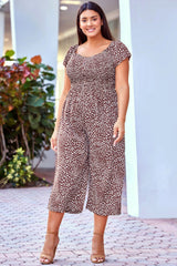 Leopard Off Shoulder Tie Waist Cropped Plus Size Jumpsuit