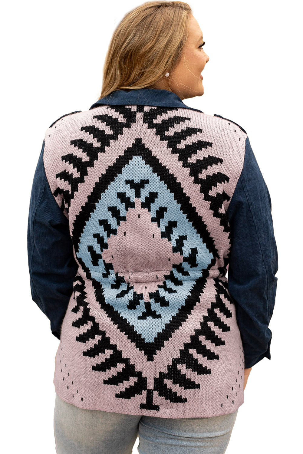 Blue Plus Size Corduroy Jacquard Knit Aztec Back Jacket