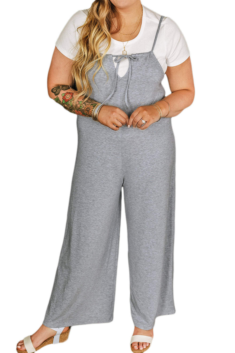 Gray Plus Size Solid Color Spaghetti Straps Wide Leg Jumpsuit