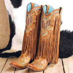 European And American Pointed Martin Boots Mid-calf Viscose Tassel Ethnic Retro