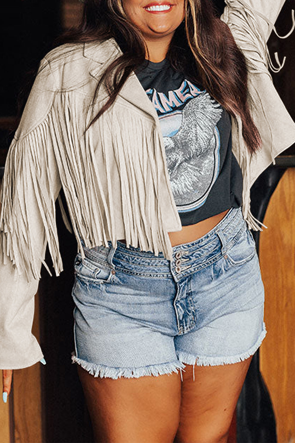 Camel Fringe Plus Size Cropped Jacket