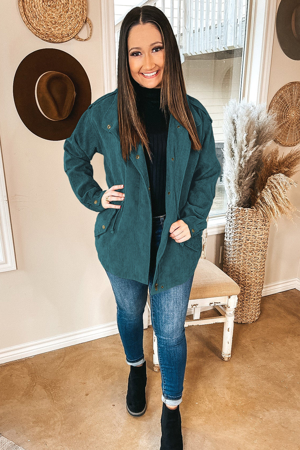 Black Plus Size Button Zipped Corduroy Jacket