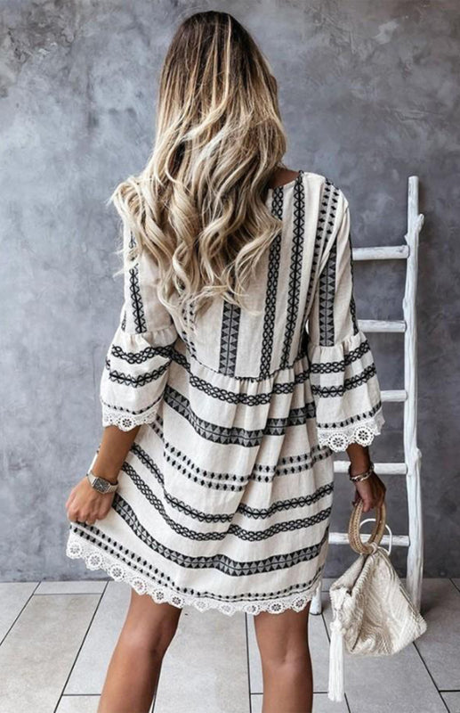 V-Neck Geometric Print Flare Sleeve Lace Dress