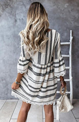 V-Neck Geometric Print Flare Sleeve Lace Dress