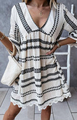 V-Neck Geometric Print Flare Sleeve Lace Dress