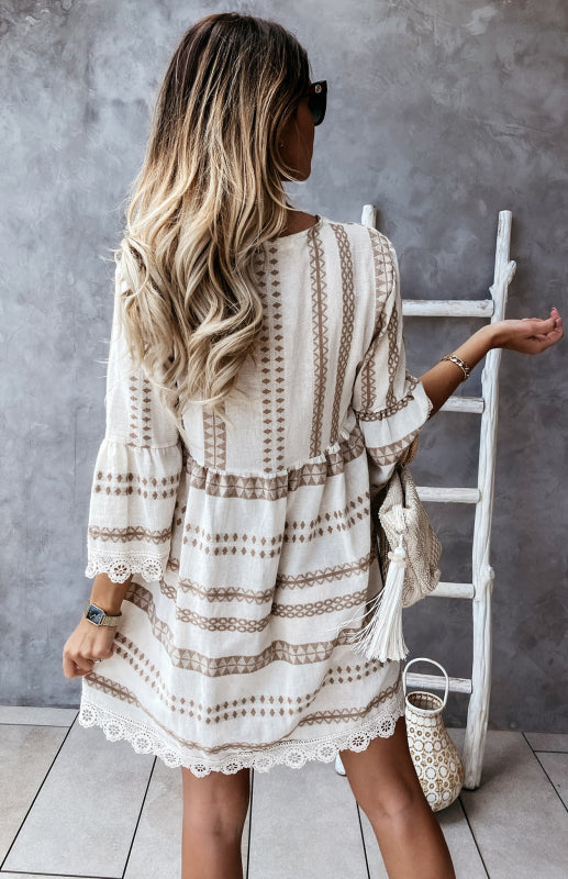 V-Neck Geometric Print Flare Sleeve Lace Dress