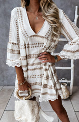 V-Neck Geometric Print Flare Sleeve Lace Dress