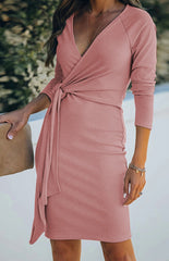 Ladies Fashion V-Neck Ribbed Belt Dress