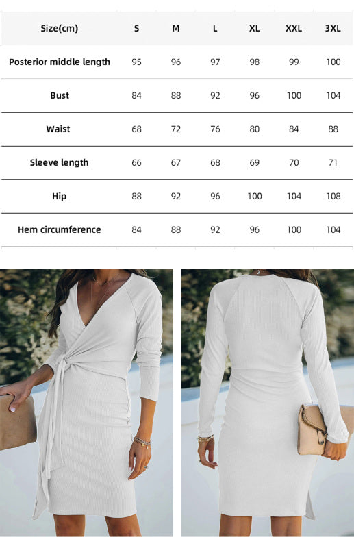 Ladies Fashion V-Neck Ribbed Belt Dress