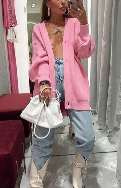 Candy Color Casual Loose Knit Button Cardigan