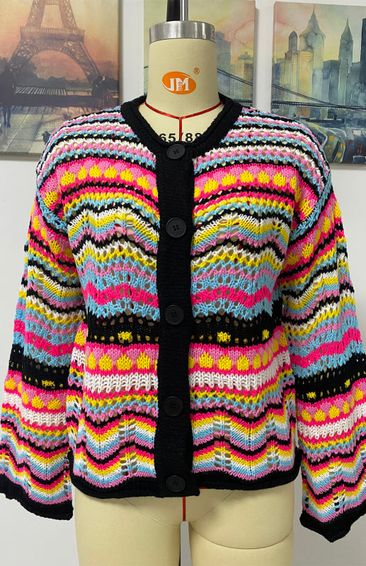 New Striped Loose Rainbow Knitted Cardigan