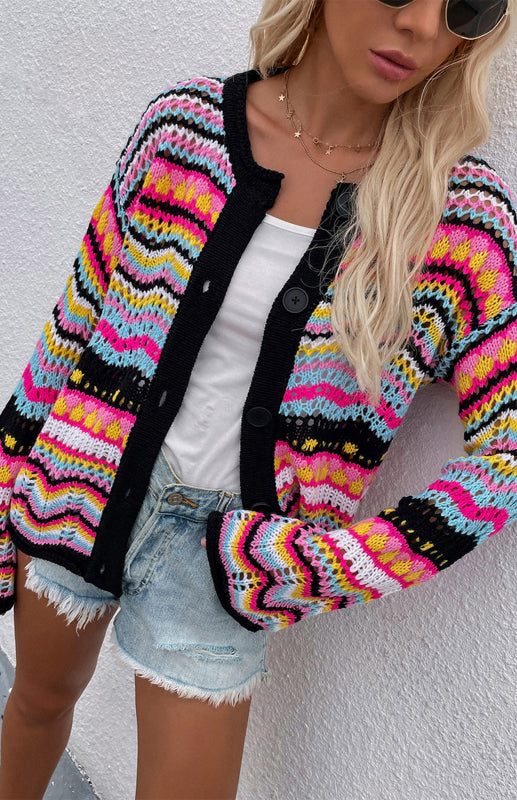 New Striped Loose Rainbow Knitted Cardigan