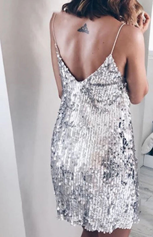 Women'S Casual Sequined V-Neck Slip Dress