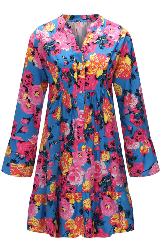 Women's Loose V Neck Button Flare Sleeve Ruffle Floral Print Doll Dress