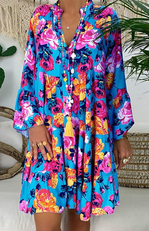 Women's Loose V Neck Button Flare Sleeve Ruffle Floral Print Doll Dress