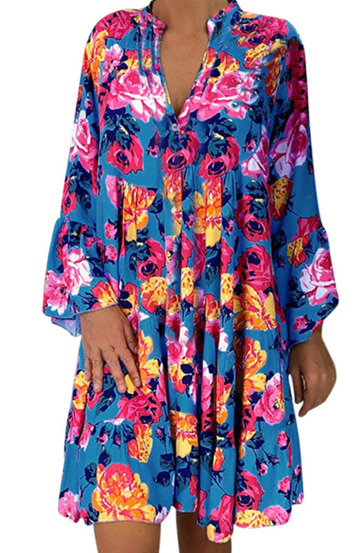 Women's Loose V Neck Button Flare Sleeve Ruffle Floral Print Doll Dress