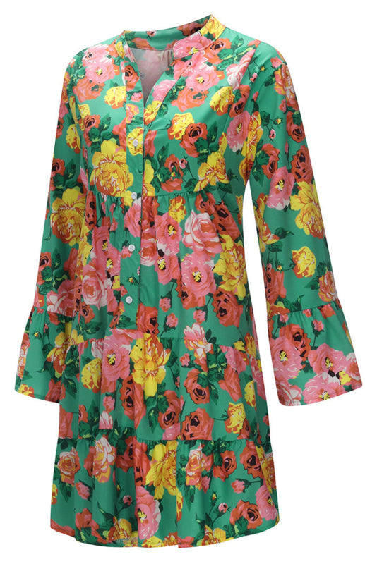 Women's Loose V Neck Button Flare Sleeve Ruffle Floral Print Doll Dress