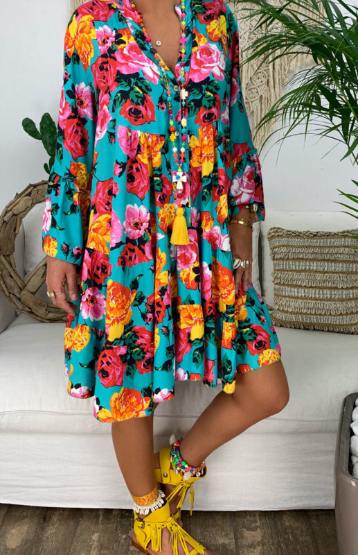 Women's Loose V Neck Button Flare Sleeve Ruffle Floral Print Doll Dress