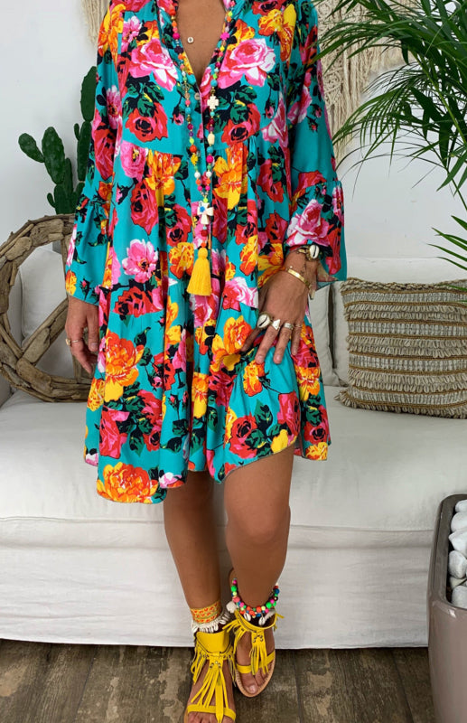 Women's Loose V Neck Button Flare Sleeve Ruffle Floral Print Doll Dress