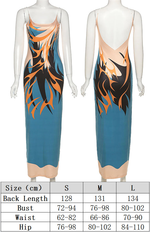 Sexy Cutout Sling Backless Print Slim Fit Maxi Dress