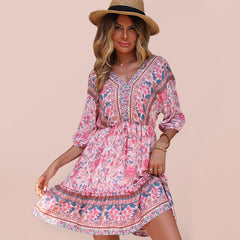 Women's Printed Vintage Loose Pink Dress