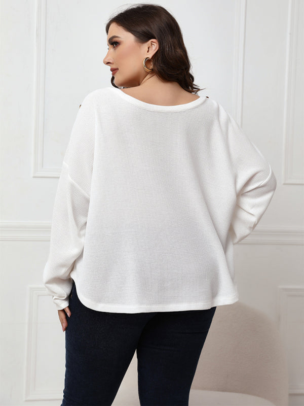 Women's Solid Color Off Neck Plus Size Long Sleeve Top