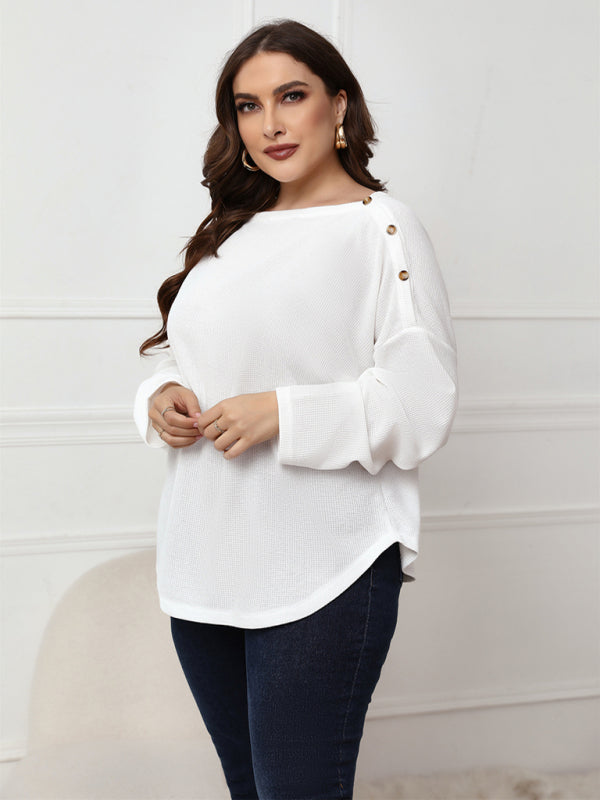 Women's Solid Color Off Neck Plus Size Long Sleeve Top