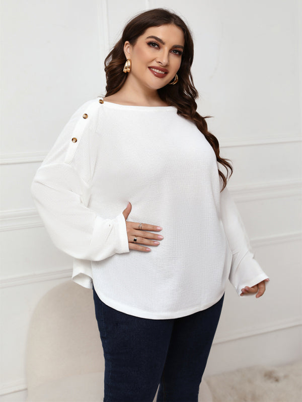 Women's Solid Color Off Neck Plus Size Long Sleeve Top