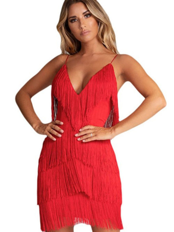 Sexy Dress Tassel Stitching Sexy Backless Evening Dress Deep V Neck Dress