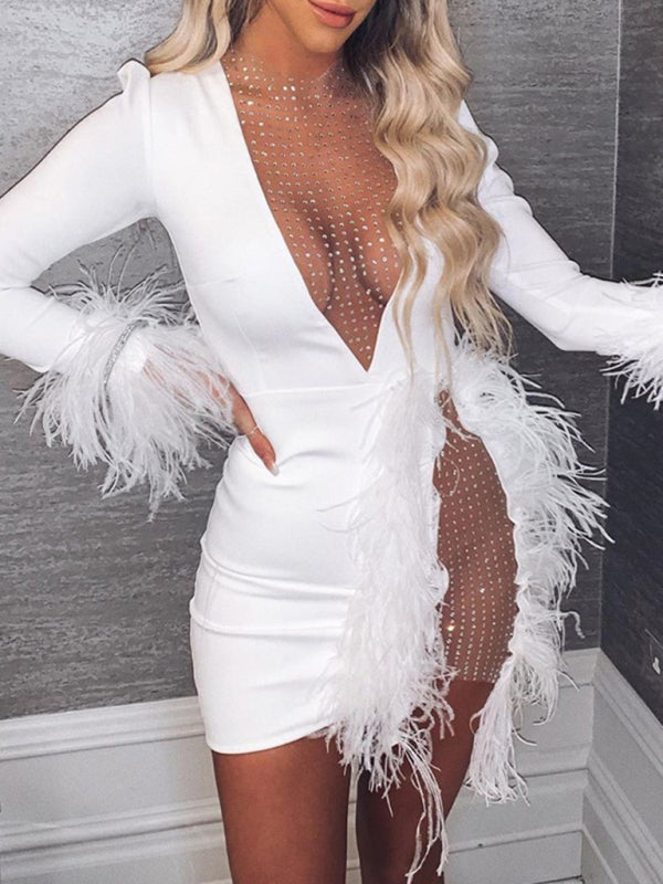 Mesh V-neck Stitching Mesh Feather Decoration Slim Dress Women