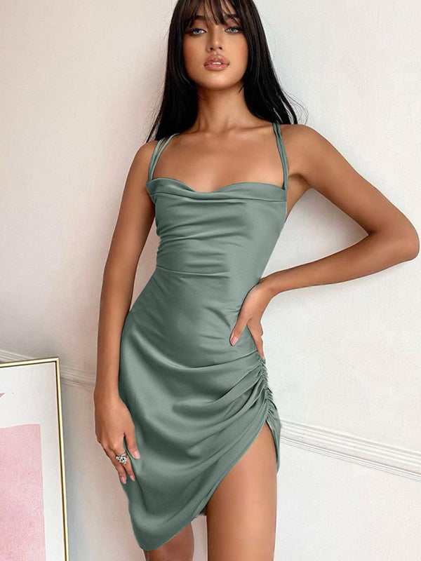 Sexy Tube Top Back Hollow High Waist Strap Temperament Sling Slit Dress