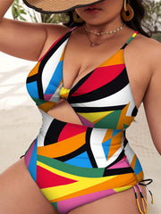 Plus Size Women-Printed Push-up Hollow One-Piece Swimsuit