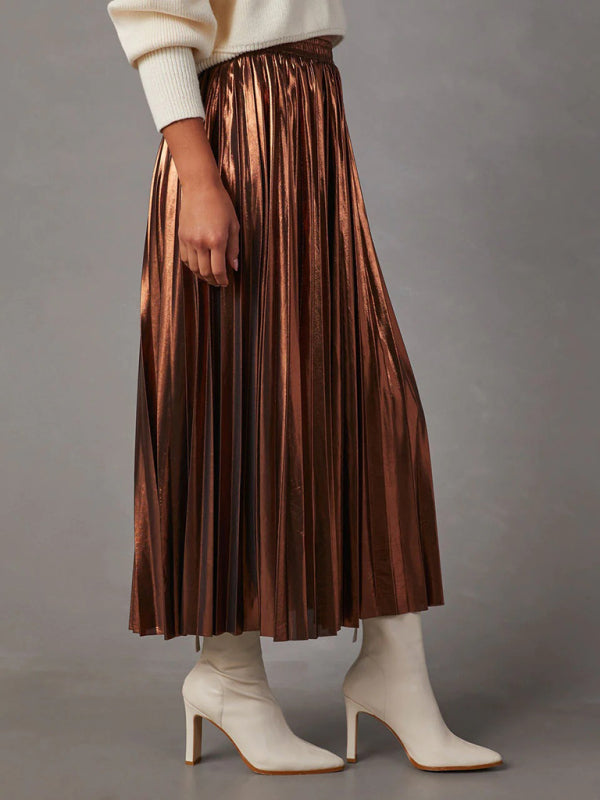 New shiny pleated high-waisted A-line mid-length skirt