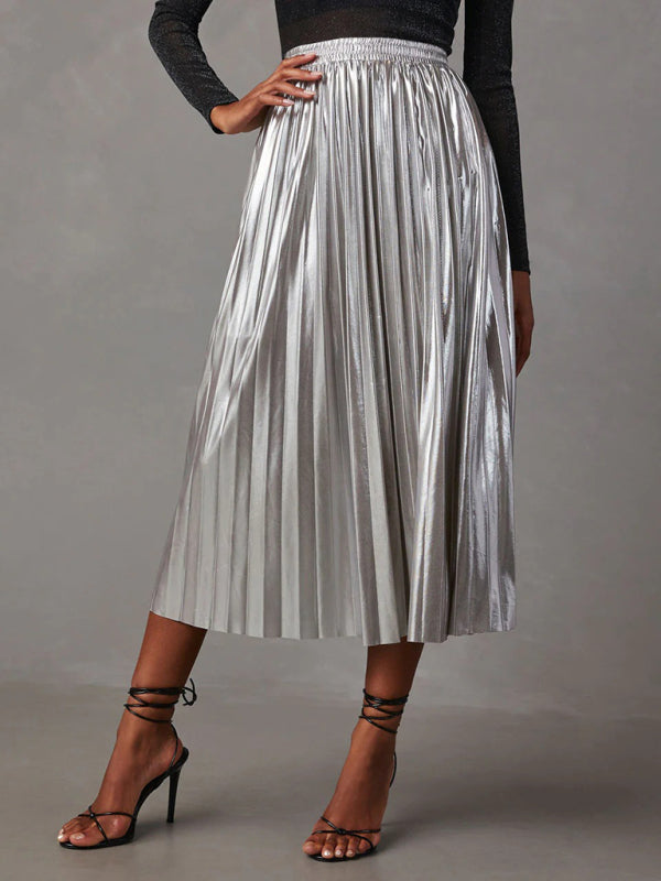 New shiny pleated high-waisted A-line mid-length skirt