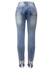 Women's washed beaded denim pencil pants