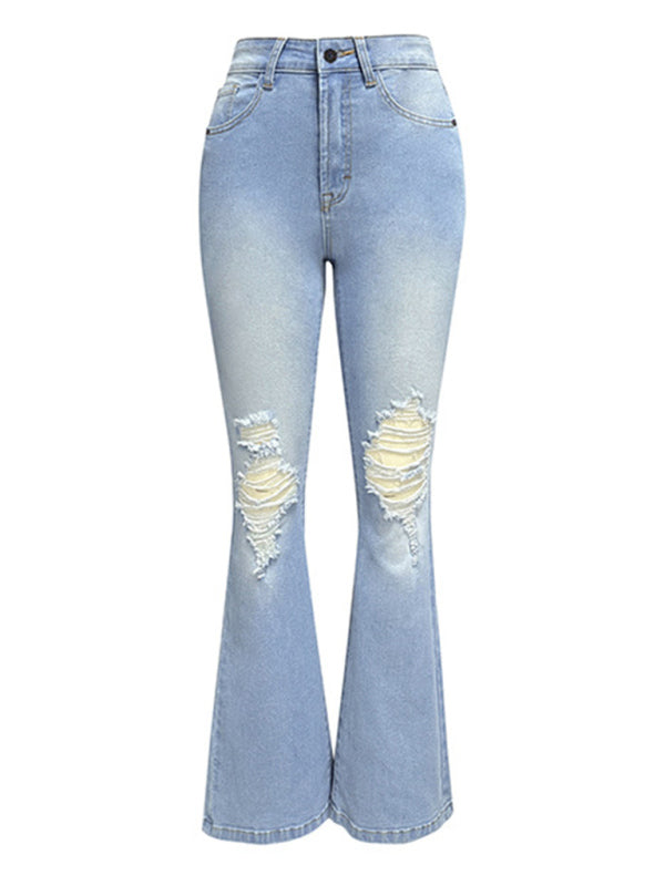 Women's washed ripped high-waisted denim wide-leg trousers