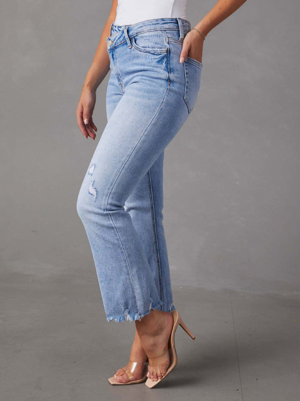 Women's new style simple ripped light color casual jeans