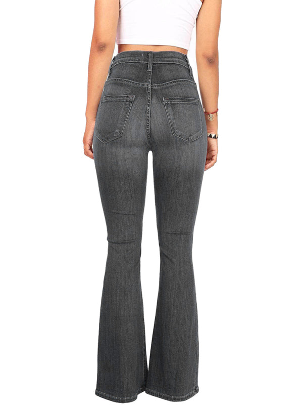 Women's new high-waist washed button slim fit slightly flared wide-leg denim trousers