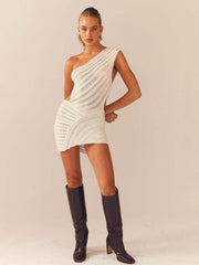 Hollow sexy tight short skirt with hollowed waist and one shoulder patchwork dress