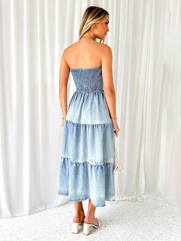 Fresh and sweet hem spliced side slit strapless cake denim long dress