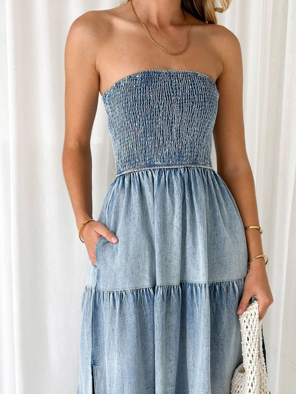 Fresh and sweet hem spliced side slit strapless cake denim long dress