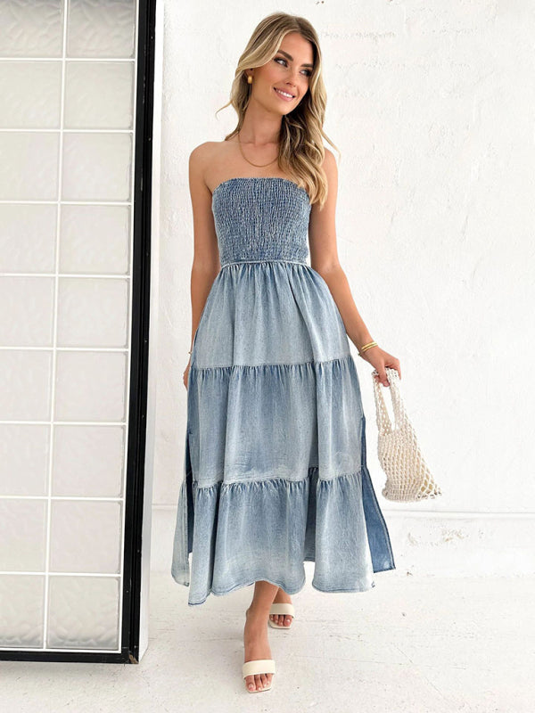 Fresh and sweet hem spliced side slit strapless cake denim long dress