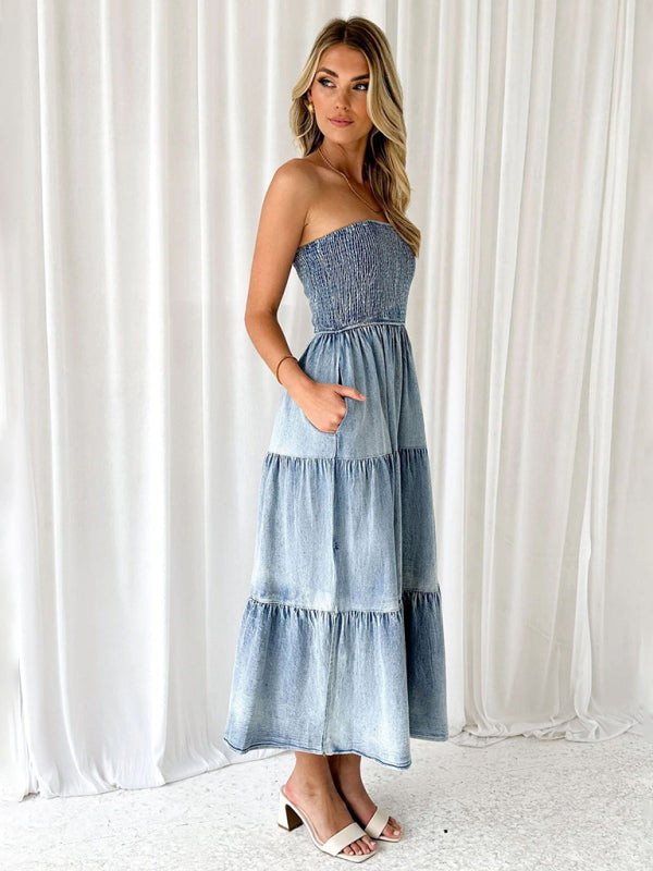 Fresh and sweet hem spliced side slit strapless cake denim long dress