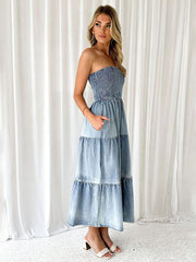 Fresh and sweet hem spliced side slit strapless cake denim long dress