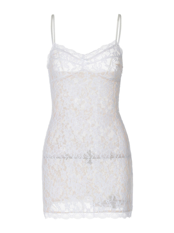 New sexy hottie lace see-through dress with hollow straps and hip-covering short style